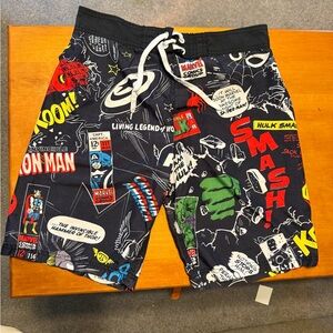 Marvel Black and Red Athletic Shorts with Superhero Graphics